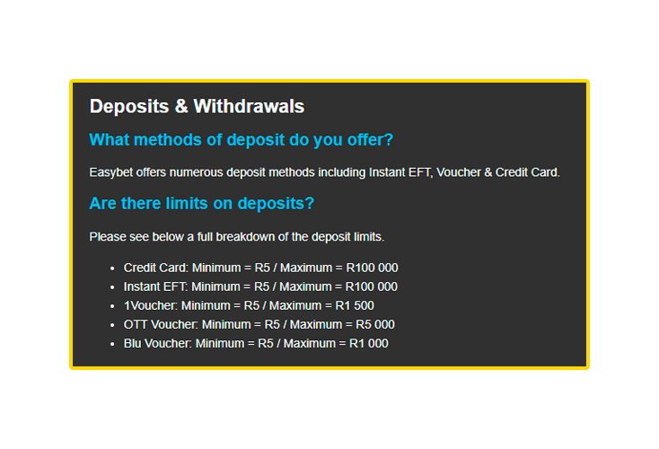 Deposit methods and limits