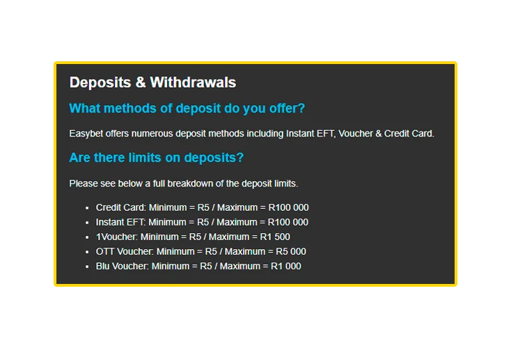 Deposit methods and limits